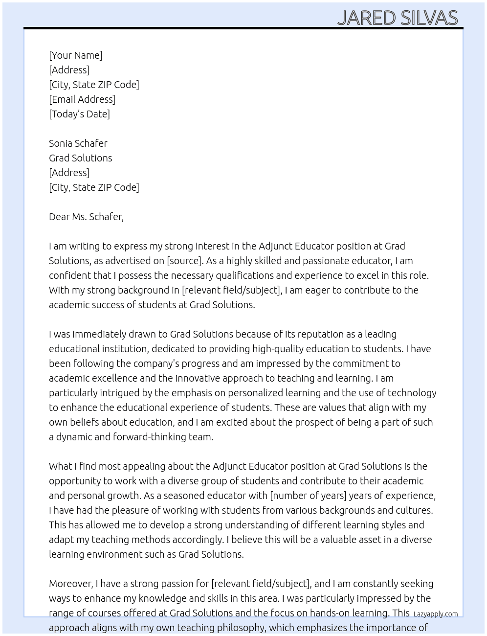 Adjunct Educator At Grad Solutions Cover Letter