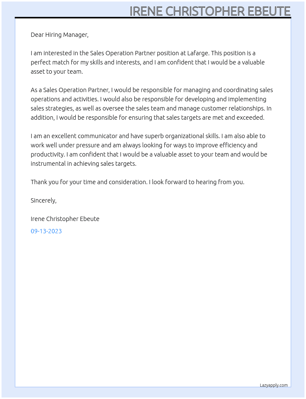 Sales Operation Partner At Lafarge Cover Letter