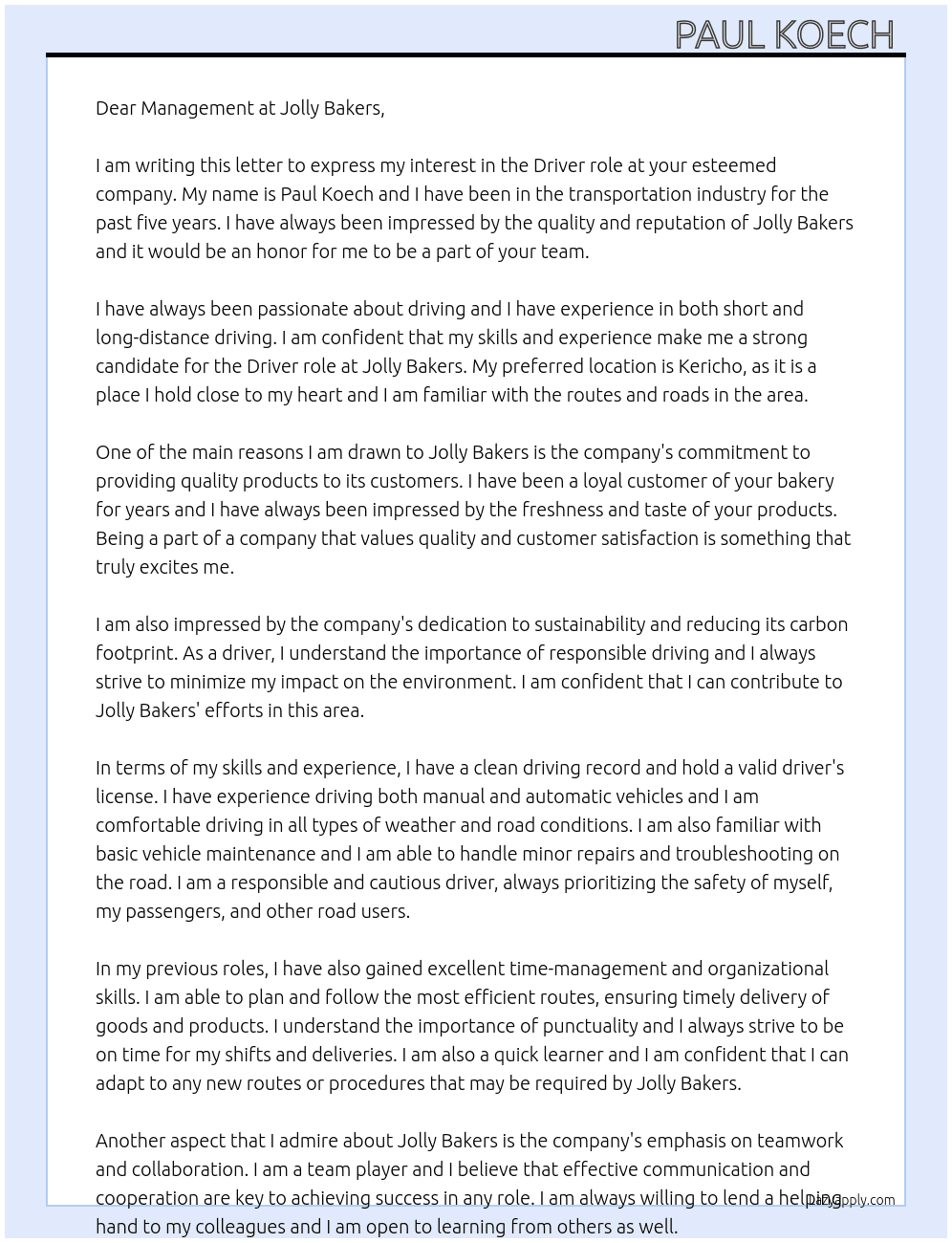 Driver  At Jolly bakers Cover Letter