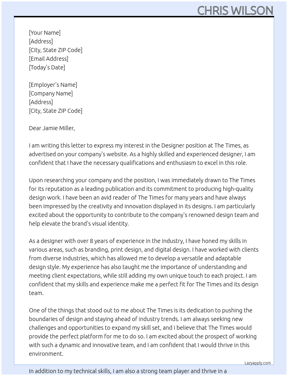Designer At The Times Cover Letter