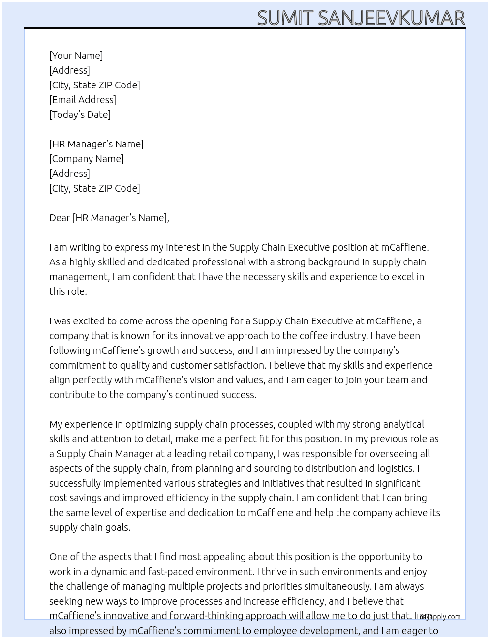 Supply Chain Executive At mCaffiene Cover Letter