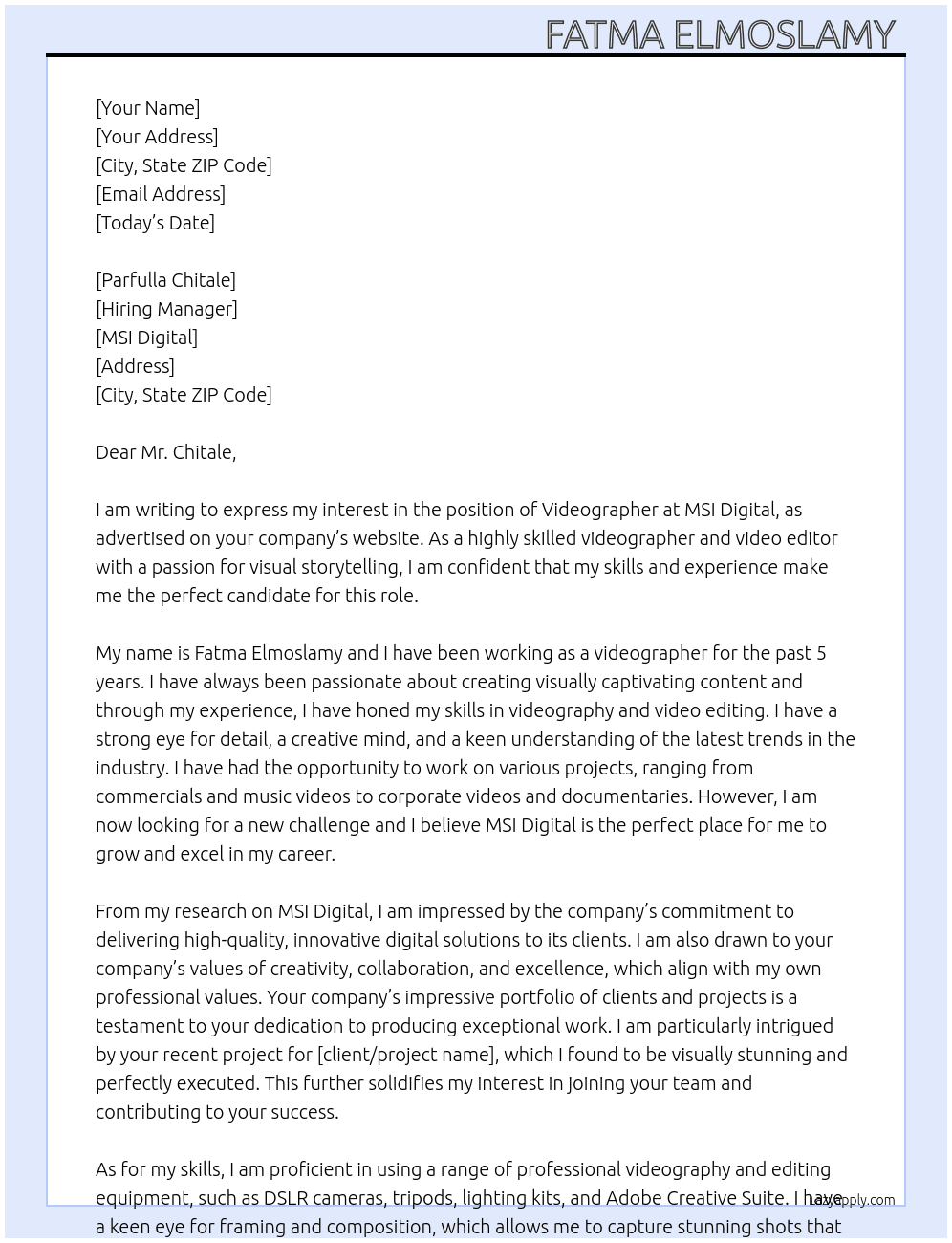 Videographer At MSI Digital Cover Letter