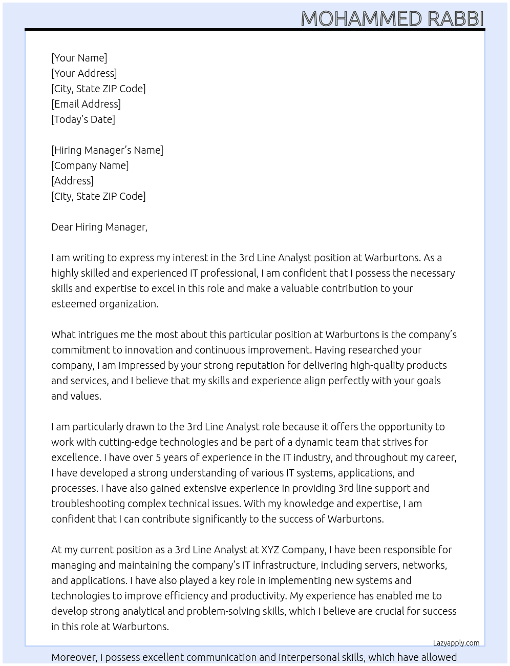 3rd Line Analyst At Warburtons  Cover Letter