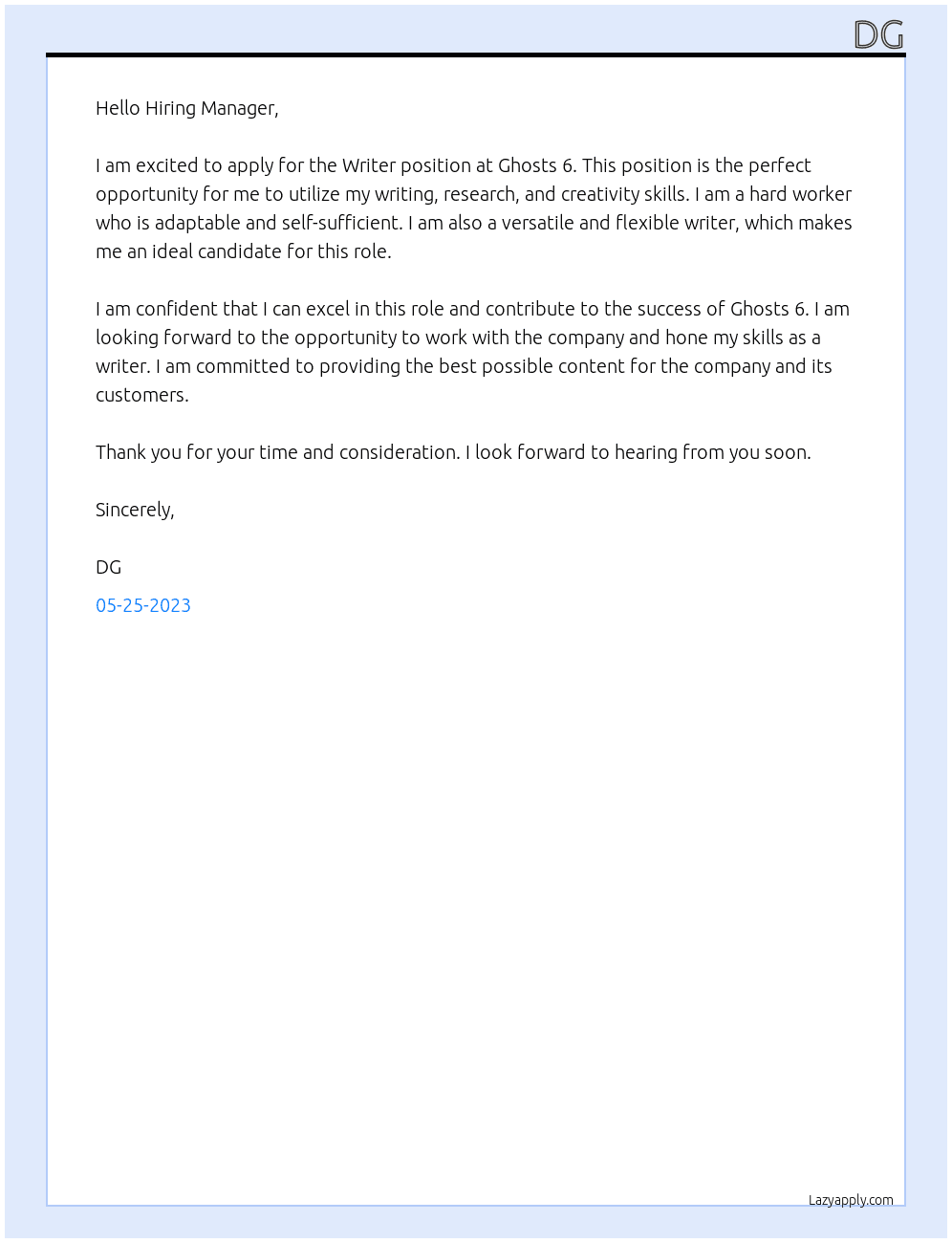 Writer At Ghosts 6 Cover Letter