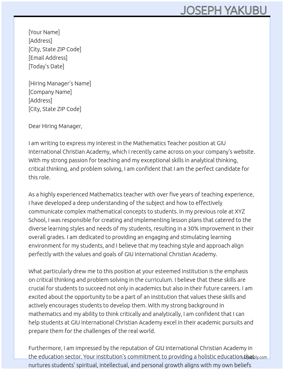 Mathematics Teacher  At GIU  International Christian Academy  Cover Letter