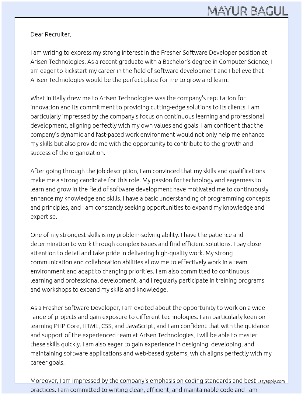 Fresher Software Developer At Arisen Technologies Cover Letter
