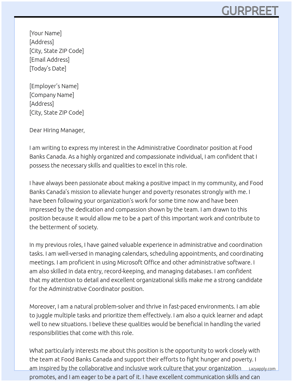 Administrative Coordinator At Food Banks Canada Cover Letter