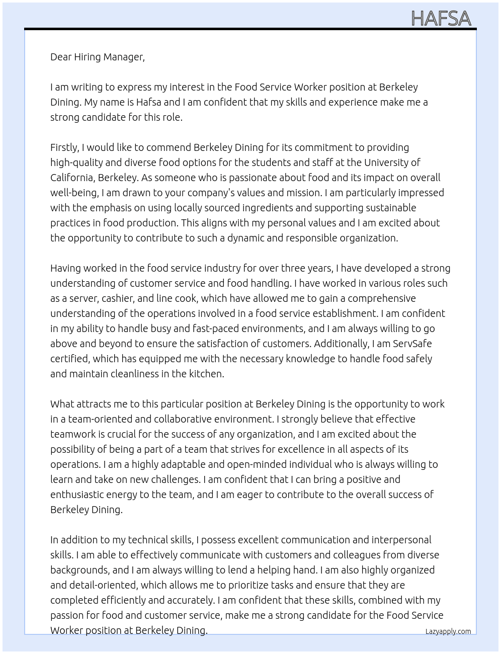 Food Service worker  At Berkeley Dining  Cover Letter
