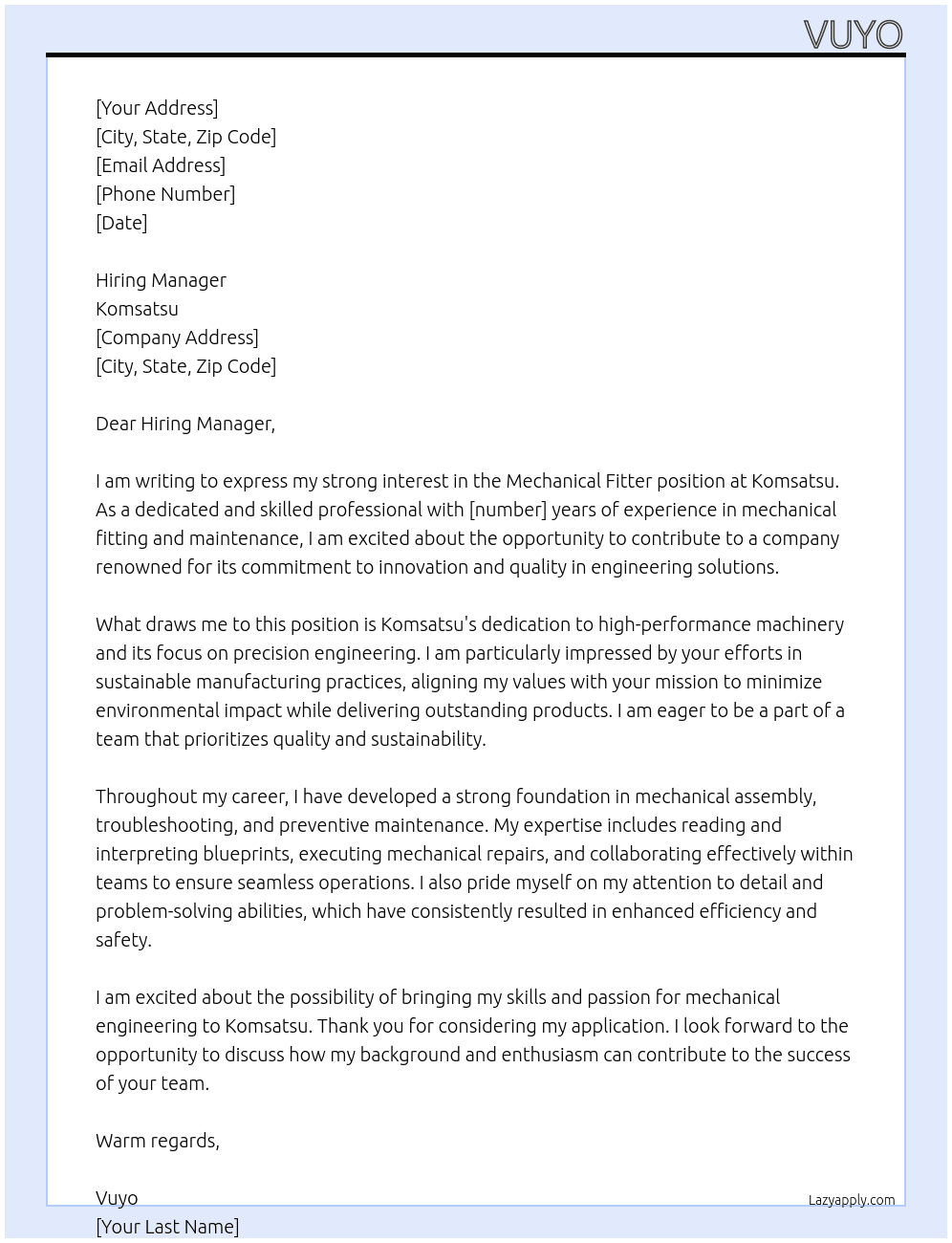 Mechanical Fitter  At Komsatsu Cover Letter