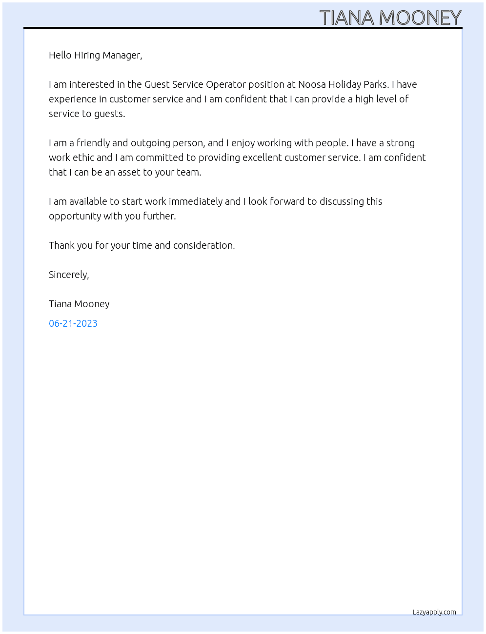Guest Service Operator At Noosa Holiday Parks Cover Letter