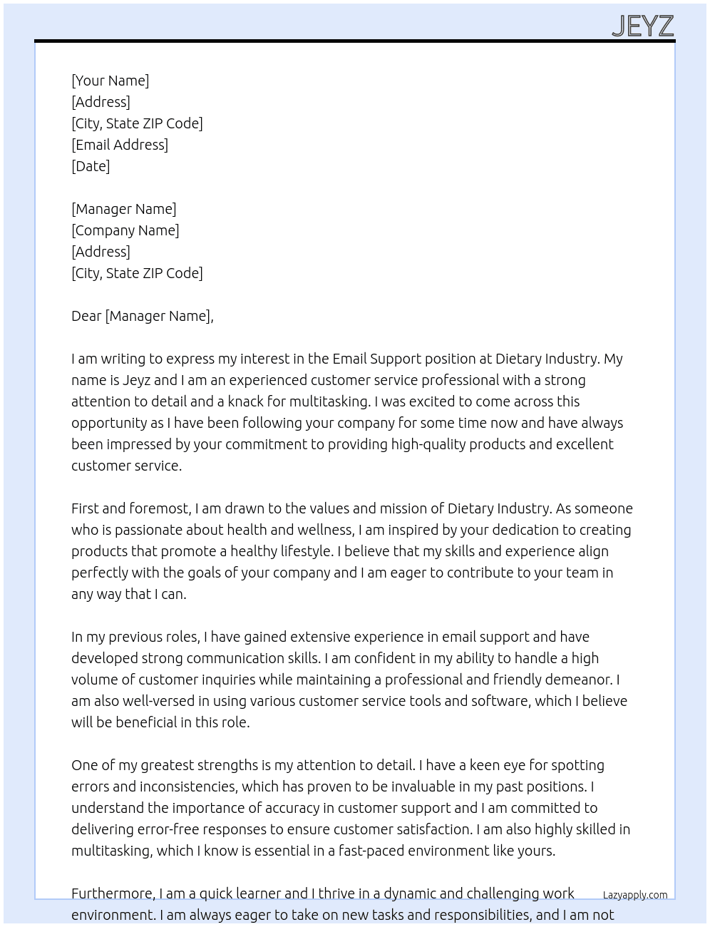 Email Support At Dietary Industry Cover Letter
