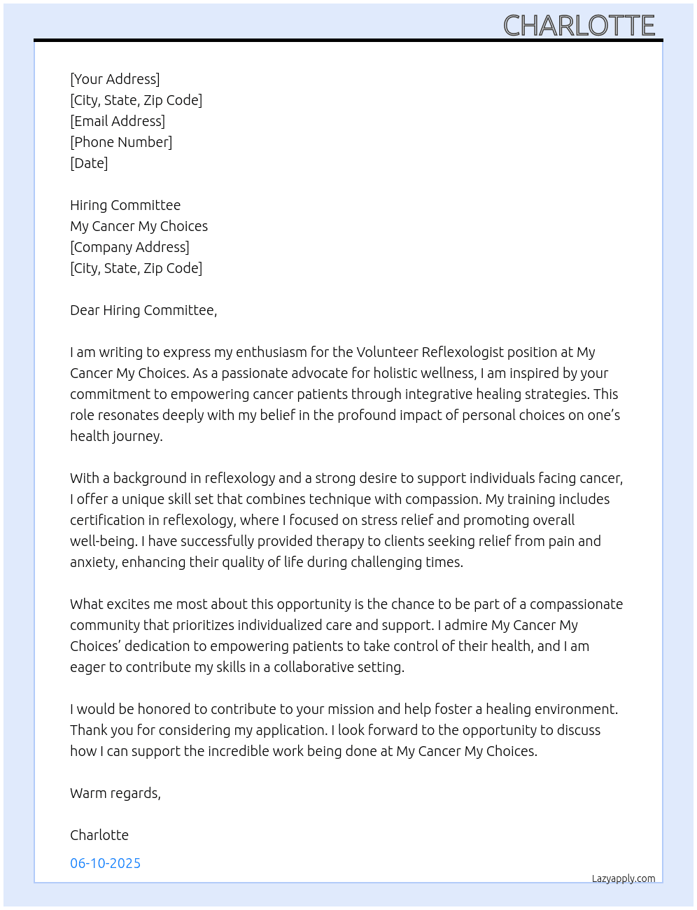 Volunteer reflexologist  At My cancer my choices Cover Letter