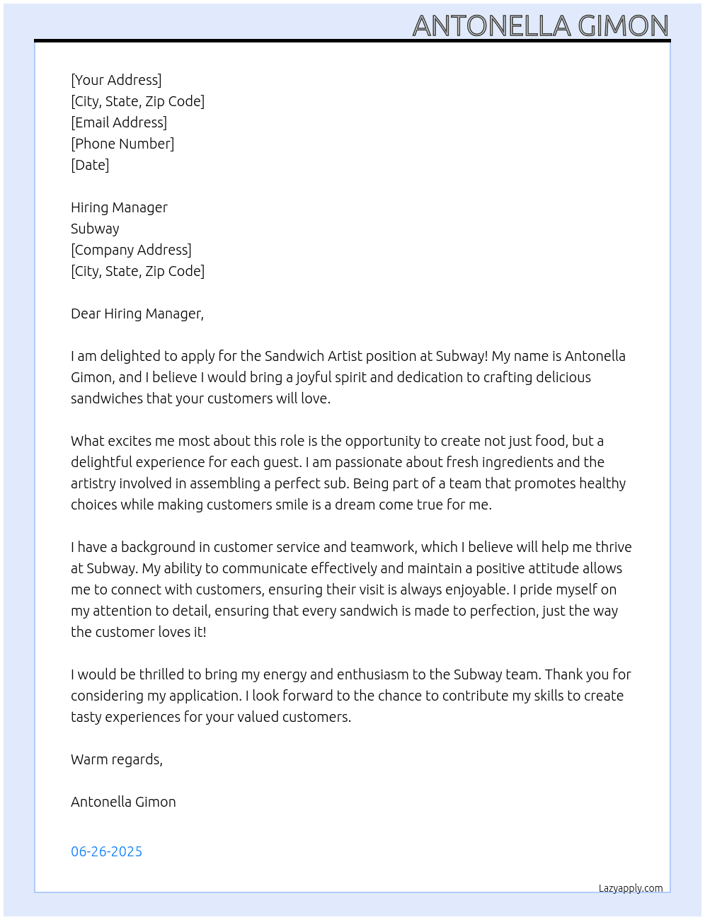 Sandwhich artist At Subway Cover Letter