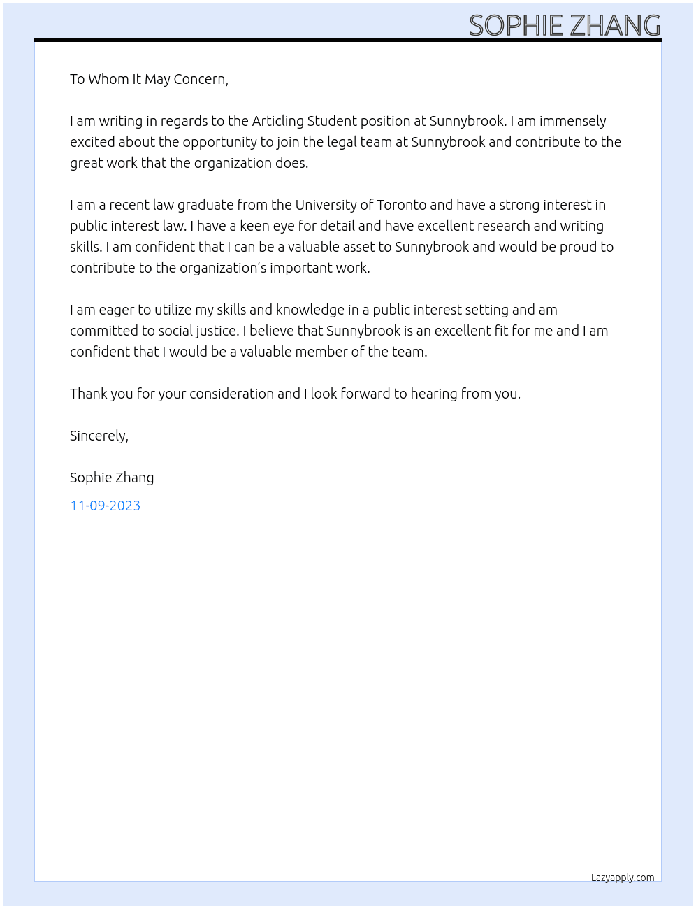 Articling Student - Legal Services At Sunnybrook  Cover Letter