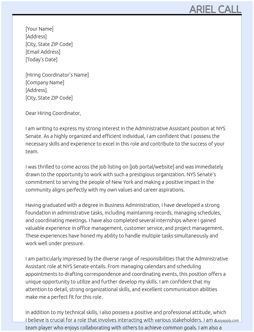 Administrative Assistant  At NYS Senate Cover Letter