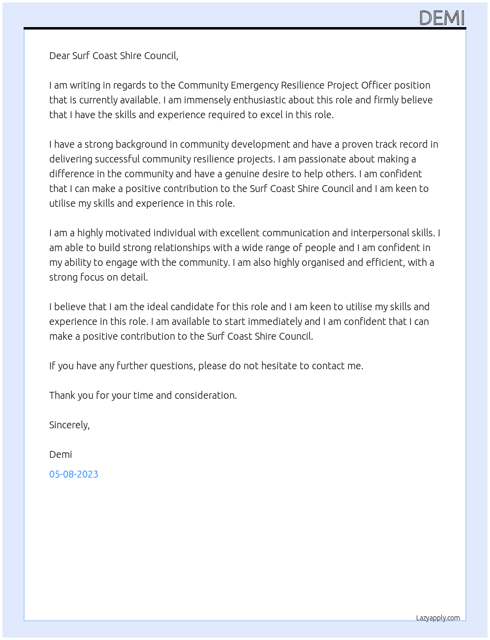 Community Emergency Resilience Project Officer At Surf Coast Shire Council Cover Letter