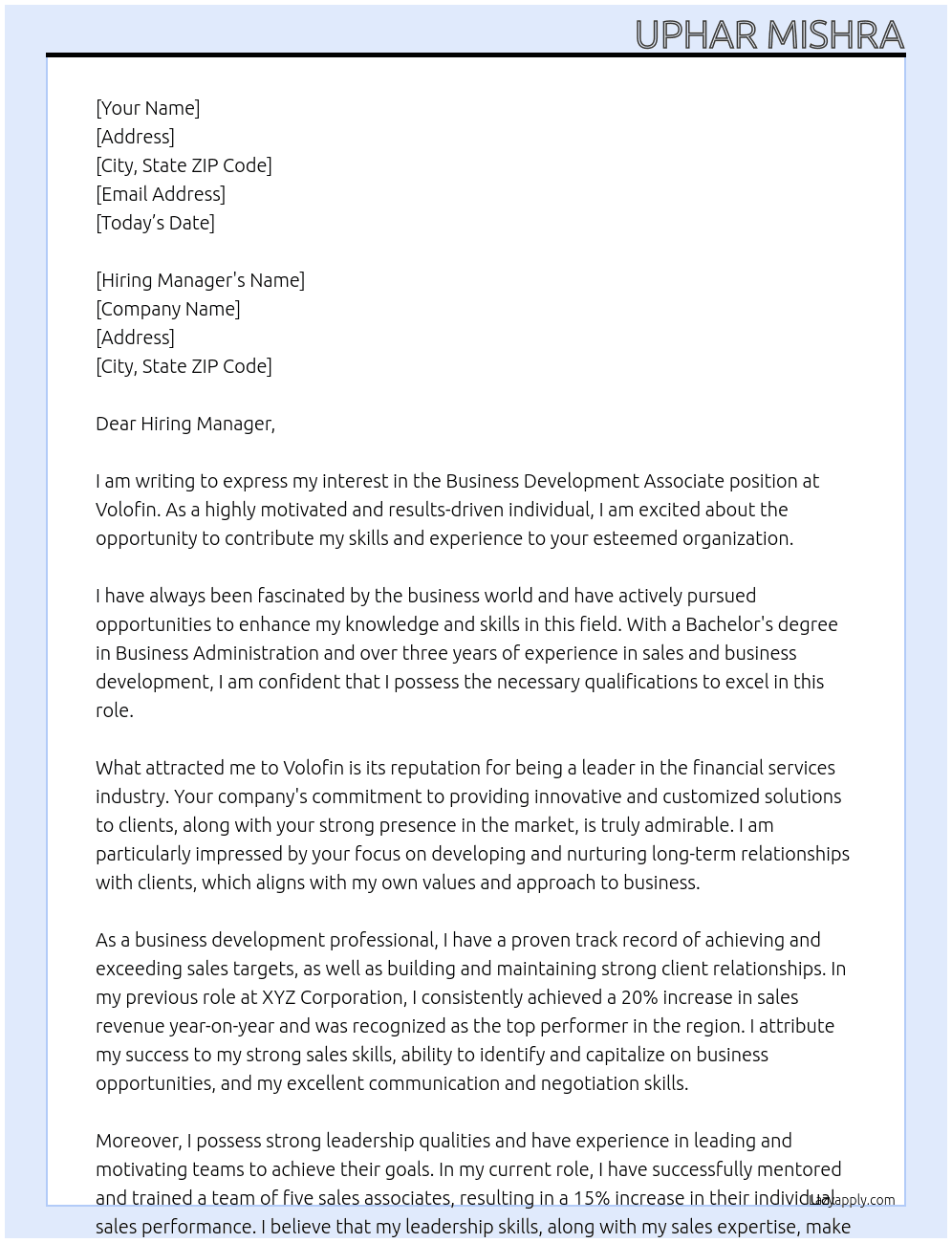 Bissness development associate  At Volofin Cover Letter