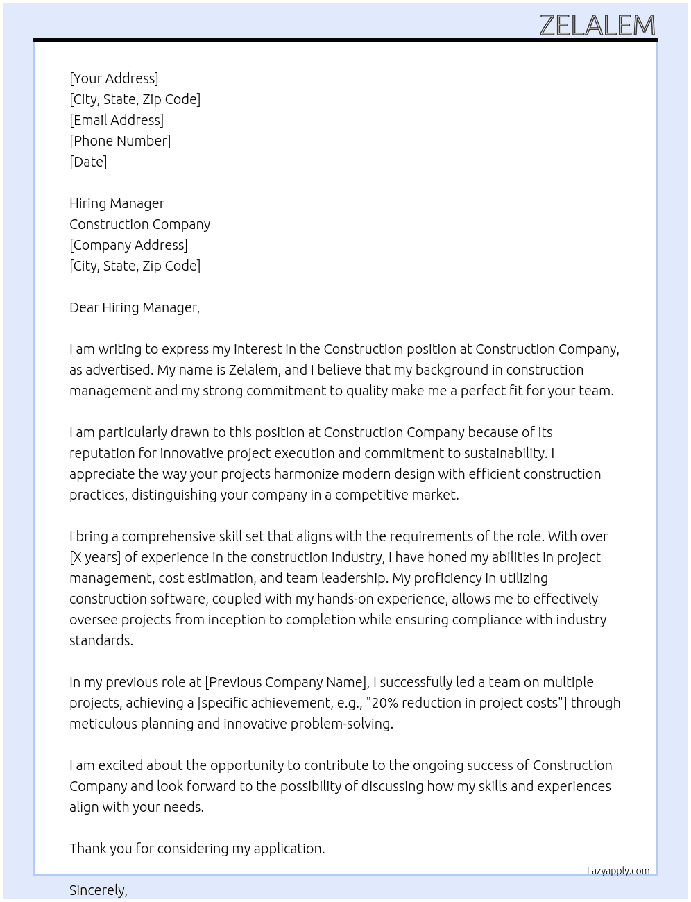 Construction At Construction company Cover Letter