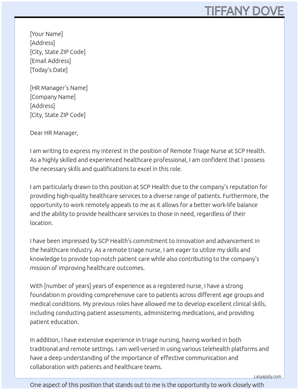 Remote Triage Nurse At SCP Health Cover Letter