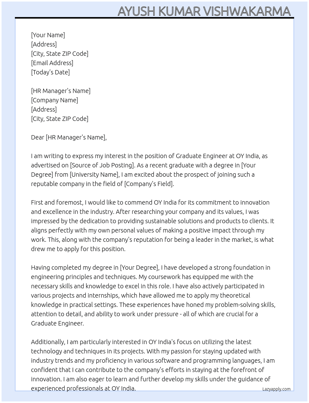 Graduate Engineer  At OY India Cover Letter