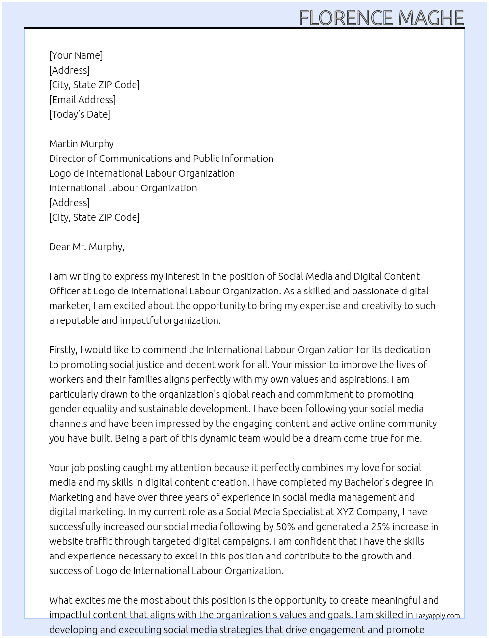 Social Media and Digital Content Officer At Logo de International Labour Organization International Labour Organization Cover Letter