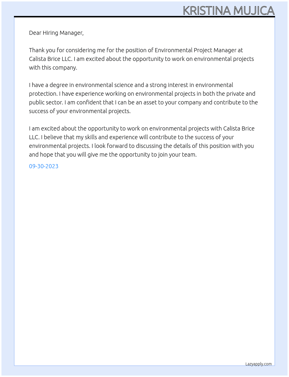 Environmental Project Manager At Calista Brice LLC Cover Letter