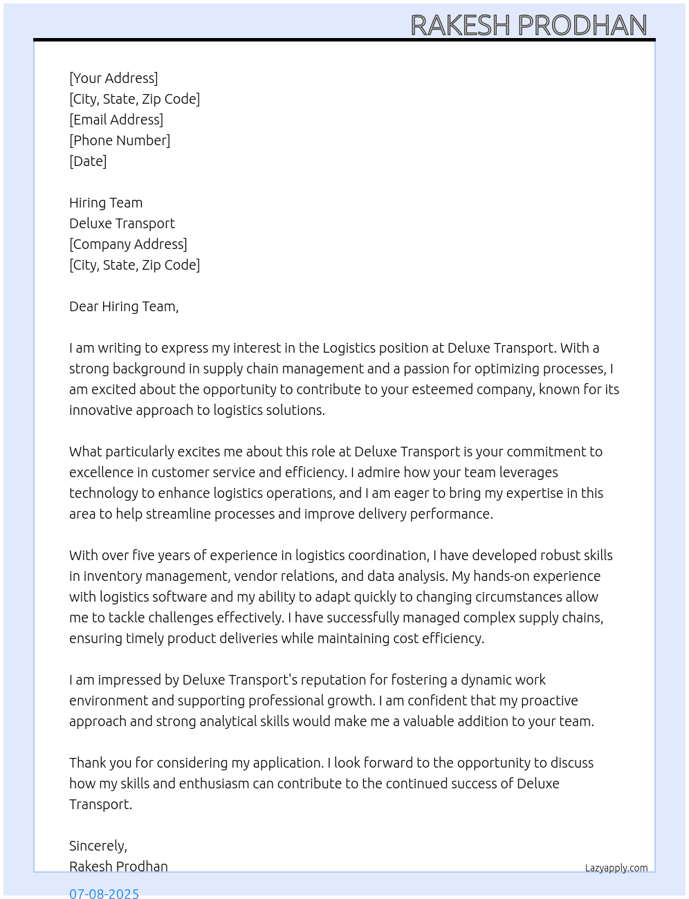 Logistics  At Deluxe Transport  Cover Letter