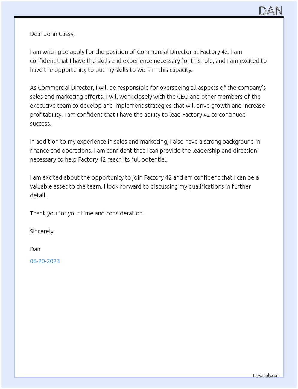 Commercial Director At Factory 42 Cover Letter
