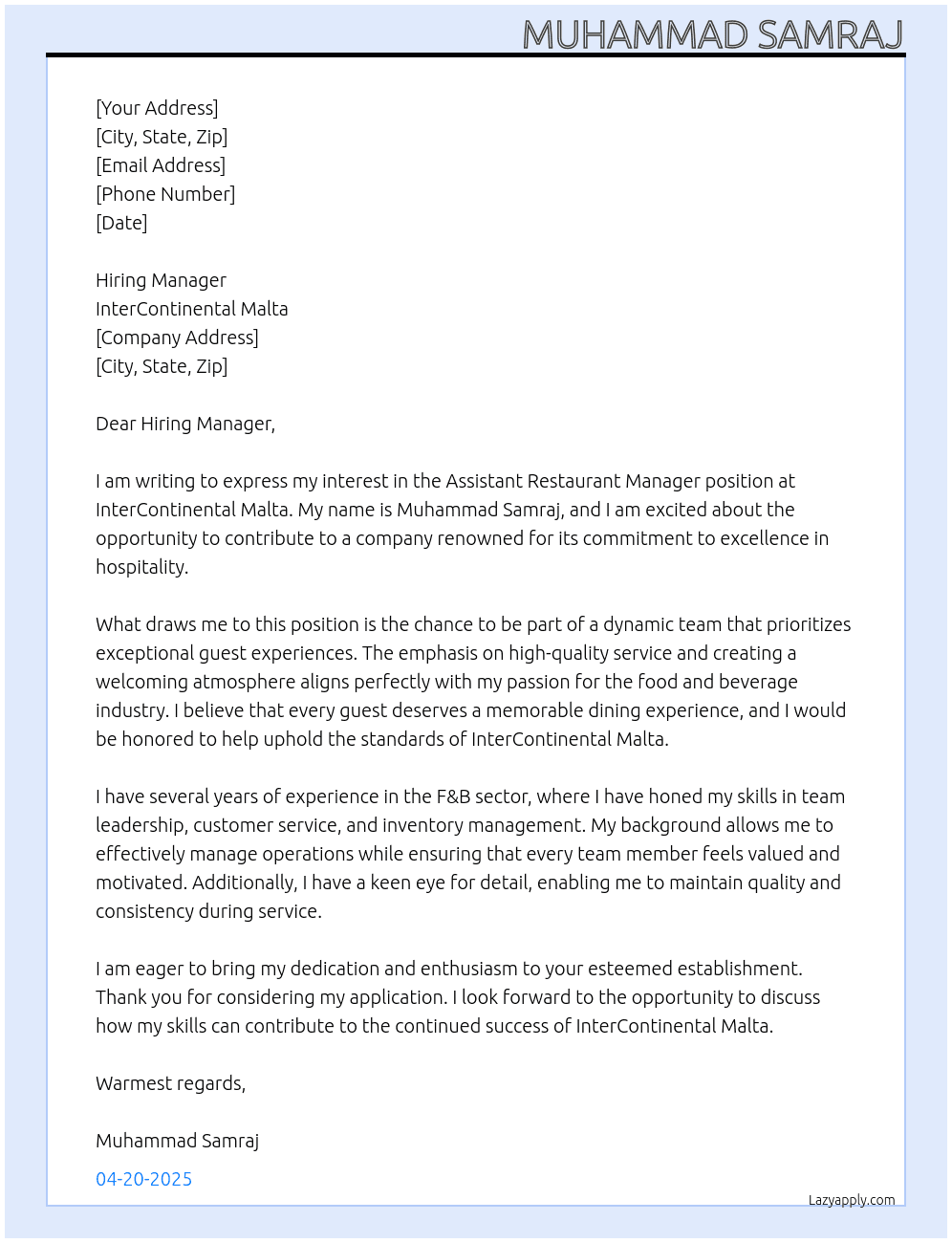 Assistant Restaurant Manager At InterContinental Malta Cover Letter