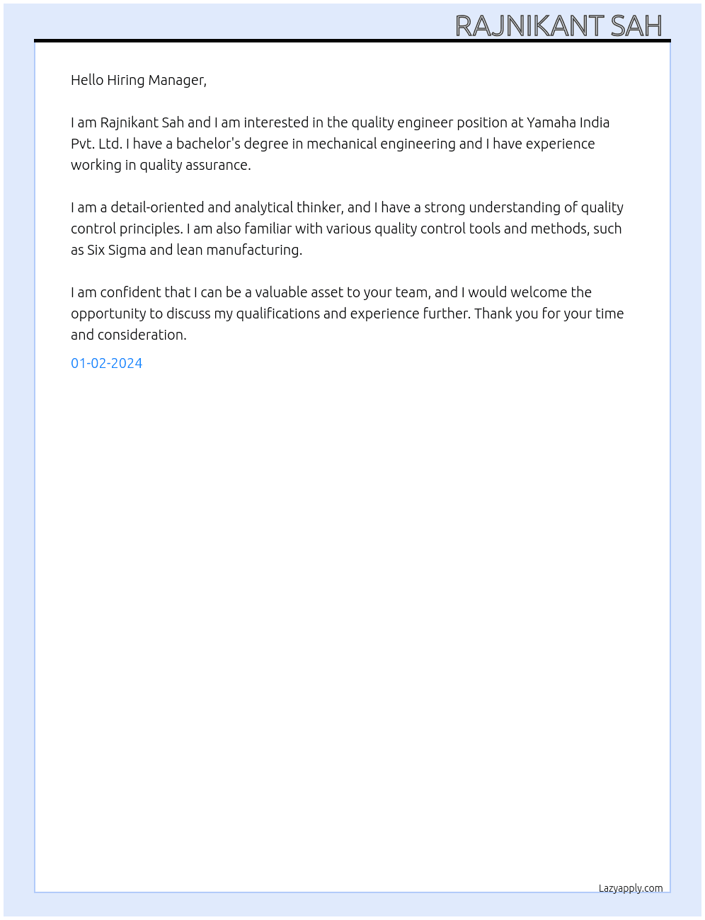 quality engineer  At yamaha india Pvt.Ltd  Cover Letter