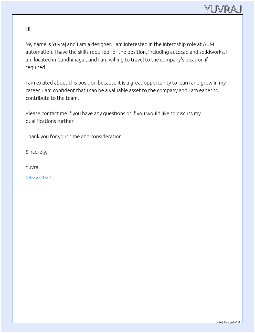 designer At AUM automation Cover Letter