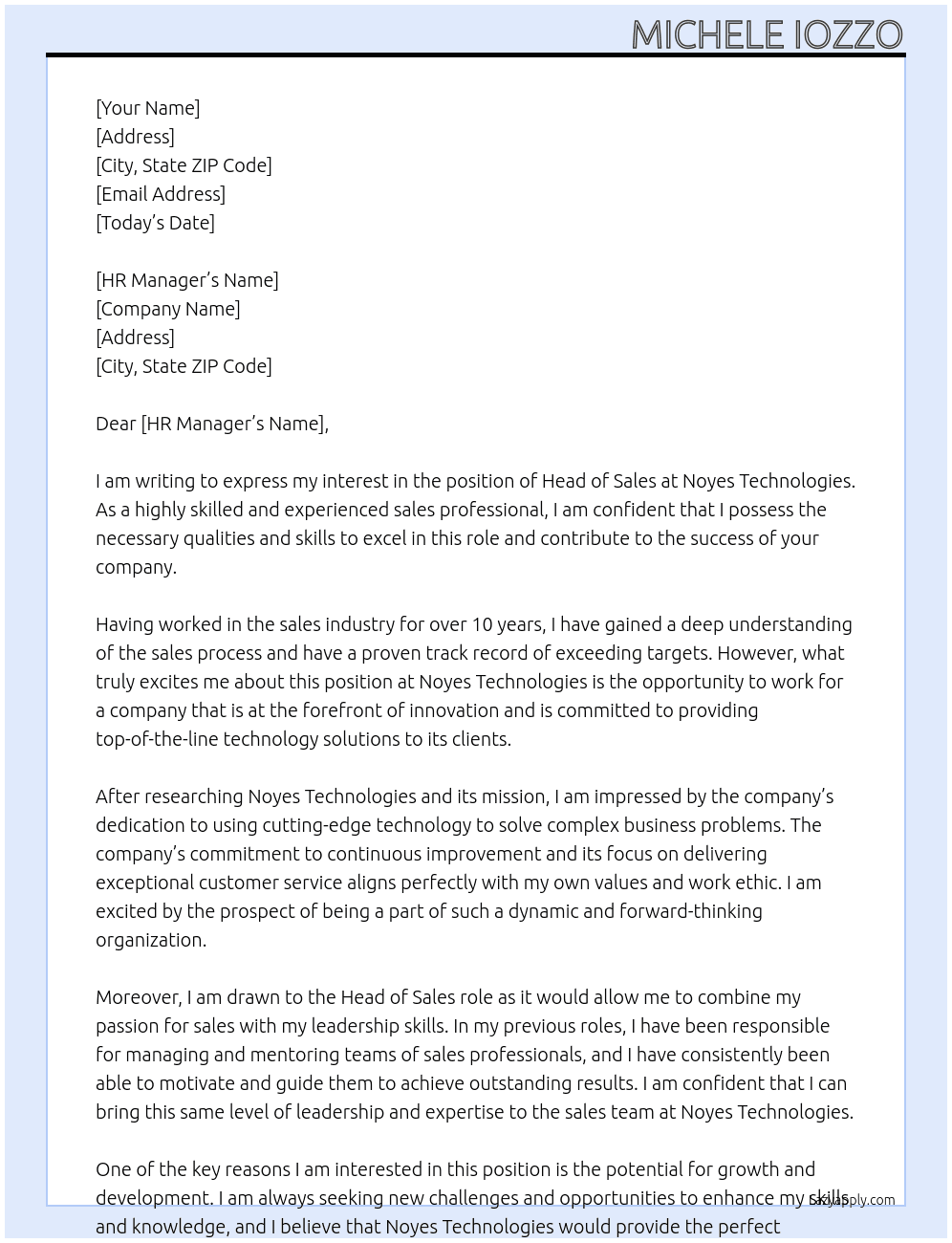 Head of Sales At https://www.noyes-tech.com/en/ Cover Letter