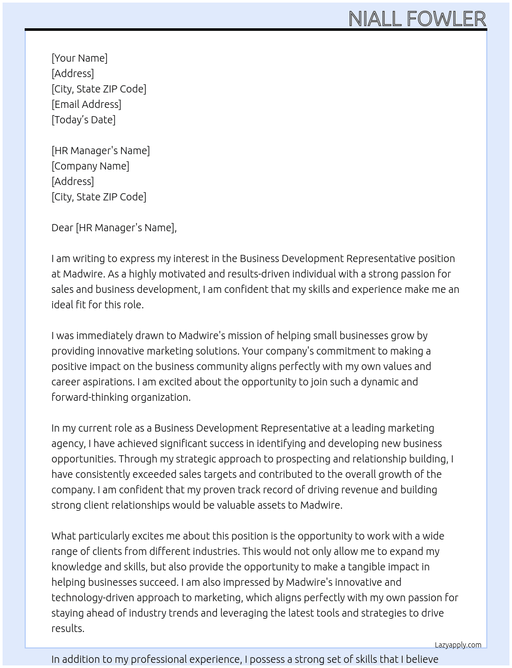 Business Development Representative At Madwire Cover Letter