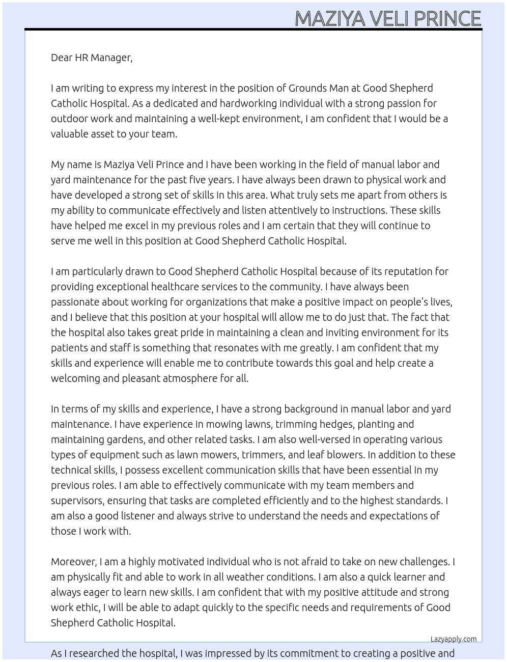 Grounds man At Good Shepherd Catholic Hospital  Cover Letter