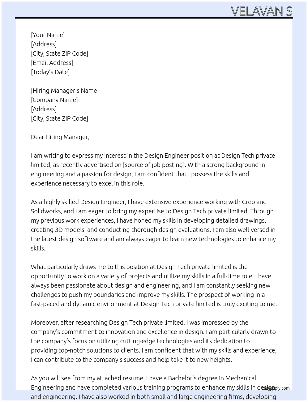 Design Engineer  At Design Tech private limited  Cover Letter