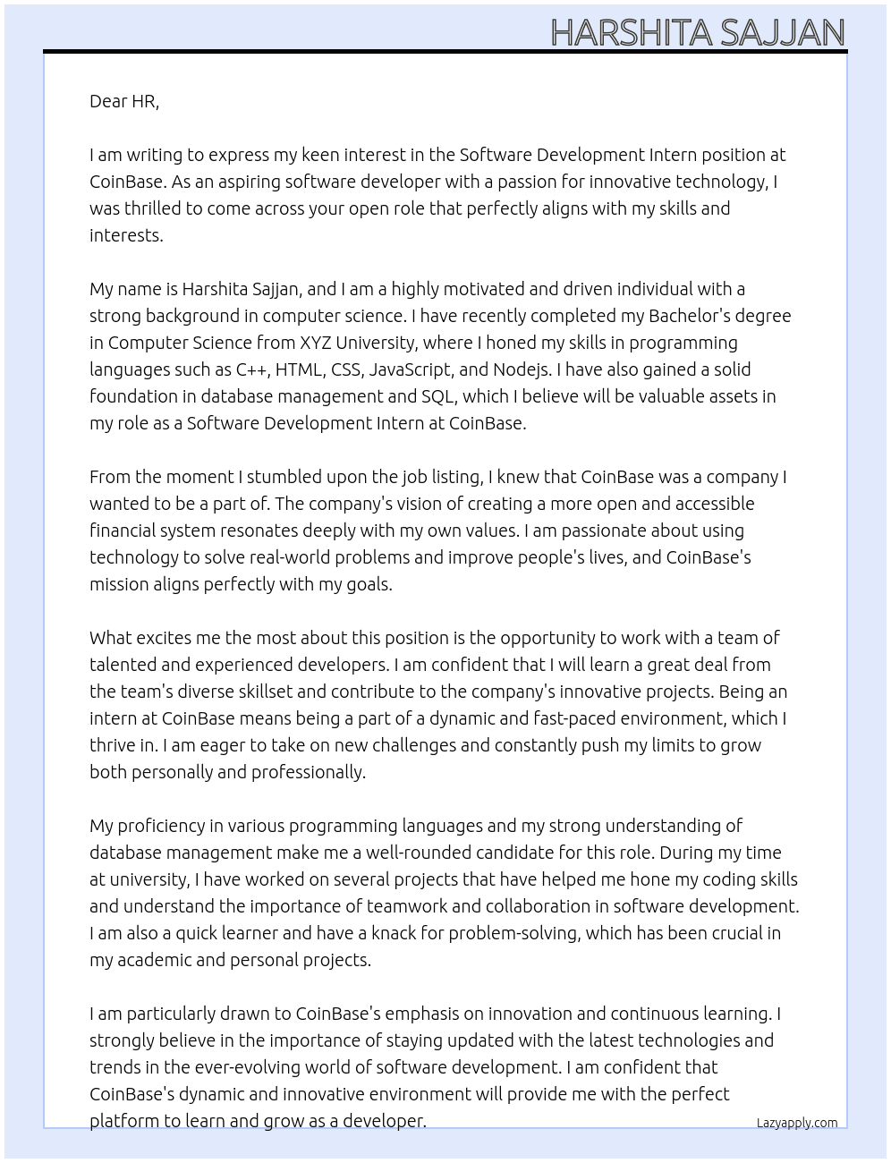Software Development Intern At CoinBase Cover Letter