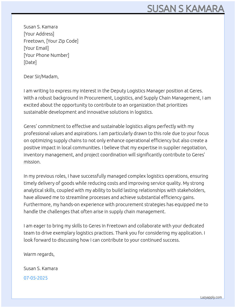 Deputy Logistics Manager  At Geres  Cover Letter