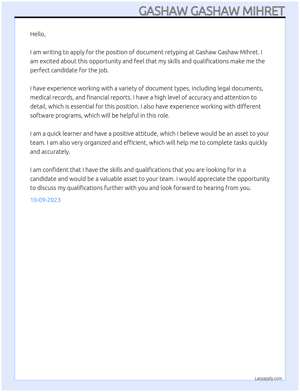 Document retyping  At Gashaw Gashaw Mihret Cover Letter