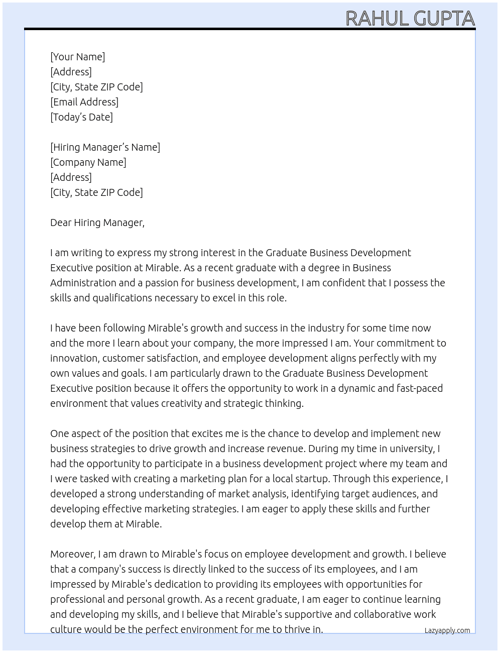  GRADUATE BUSINESS DEVELOPMENT EXECUTIVE At Mirable Cover Letter