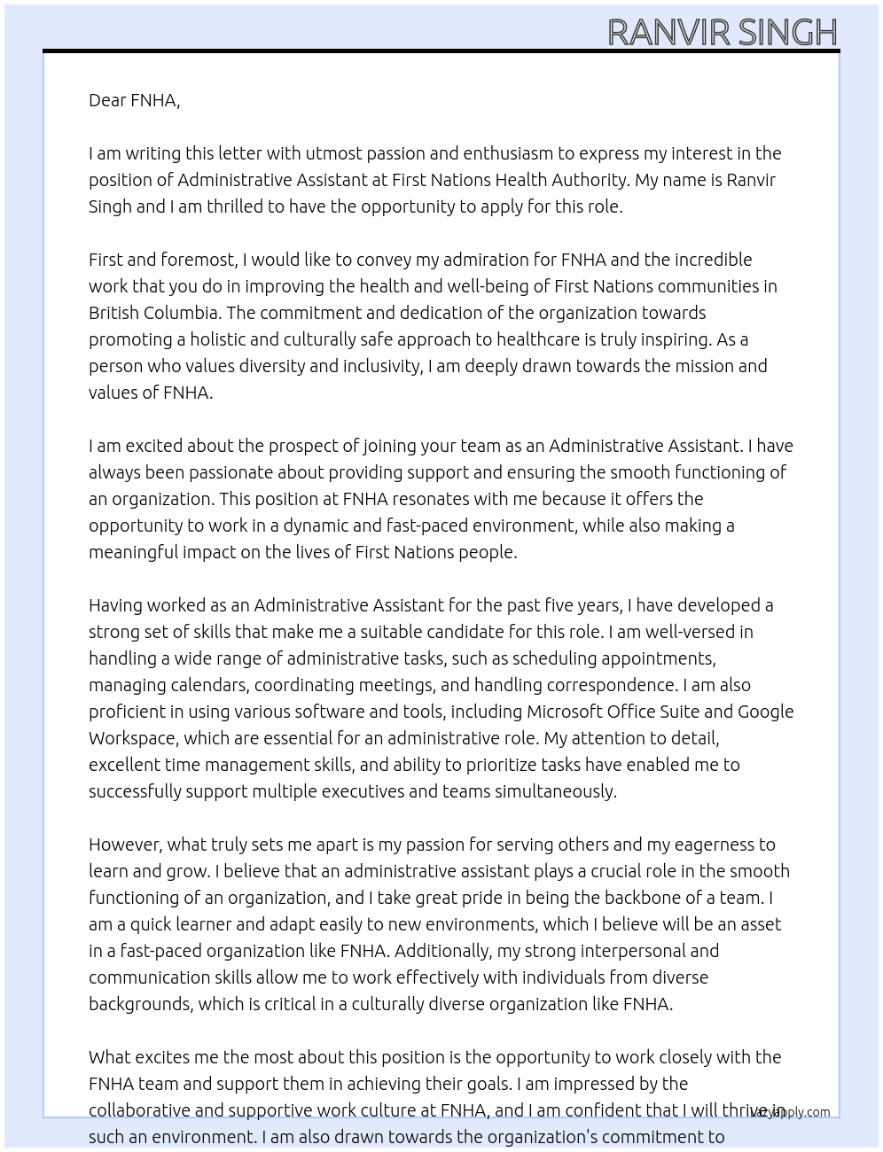 Administrative Assistant At First Nations Health Authority Cover Letter
