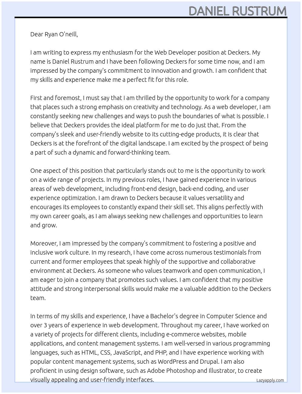 Web Developer At Deckers Cover Letter