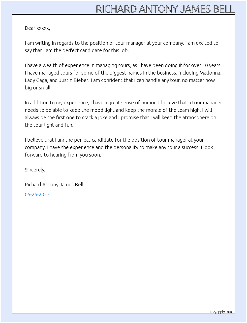 tour manager At entertainment Cover Letter