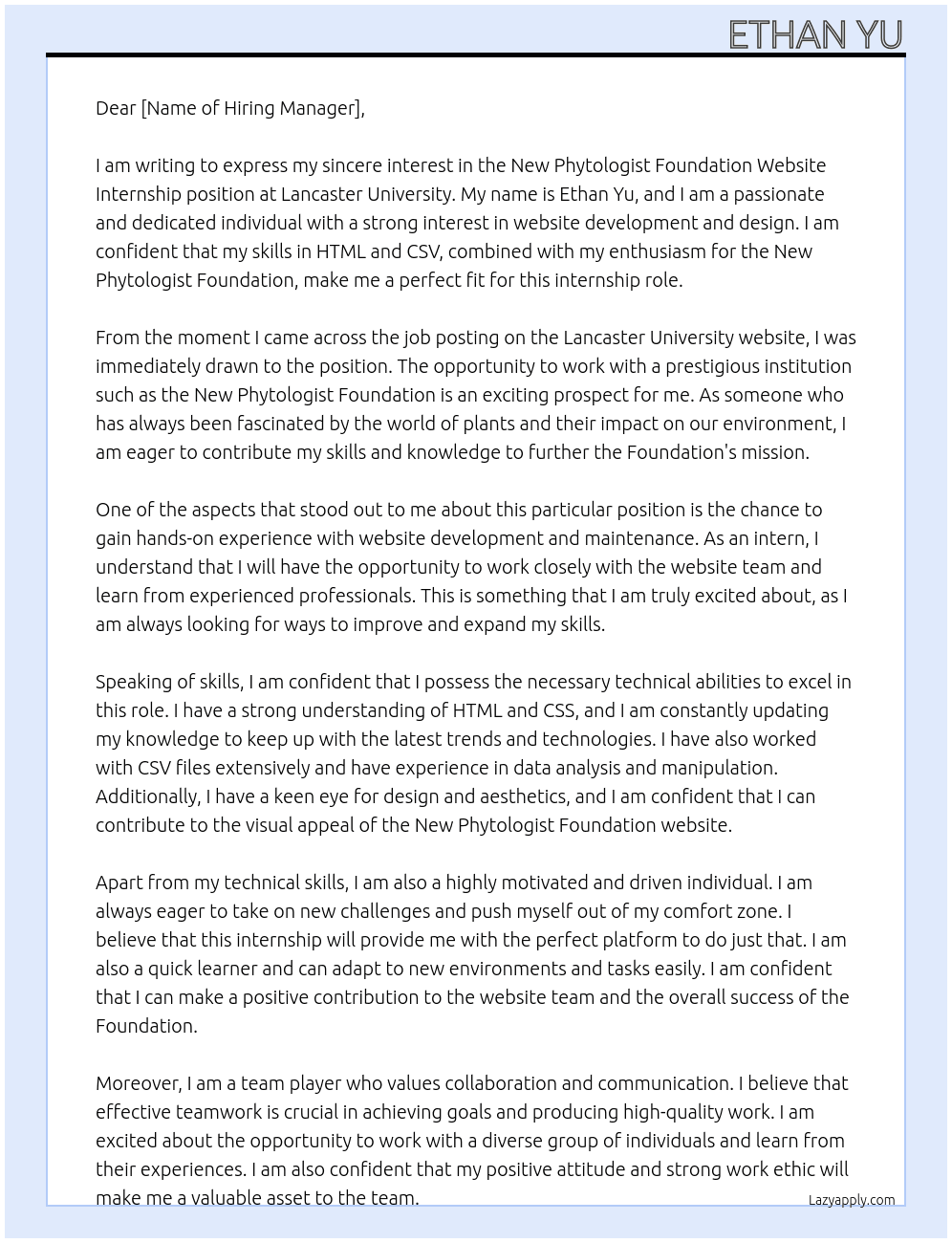New Phytologist Foundation Website Internship At Lancaster University Cover Letter