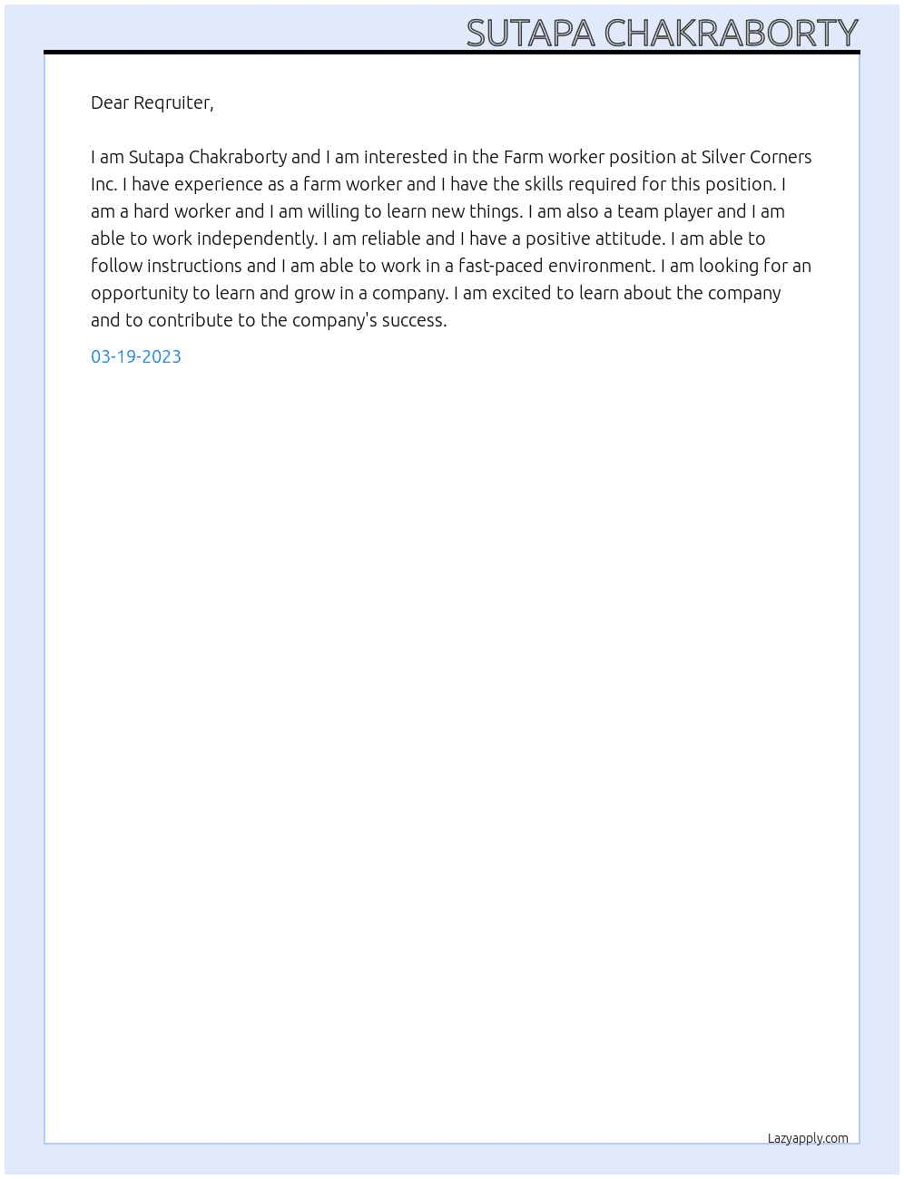 Farm worker At Silver Corners Inc. Cover Letter