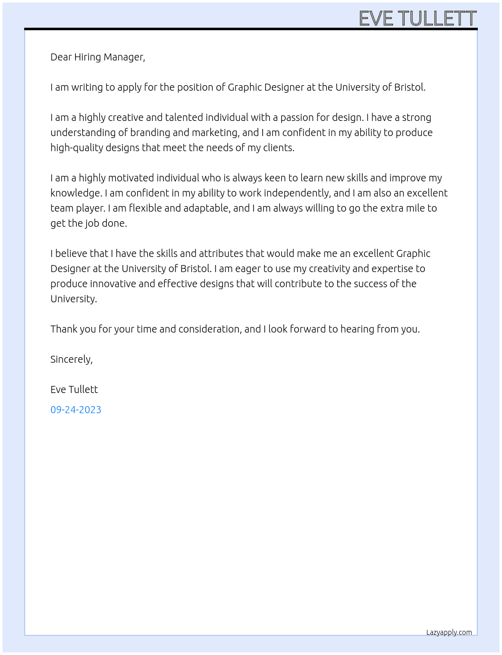 Graphic Designer At University of Bristol Cover Letter