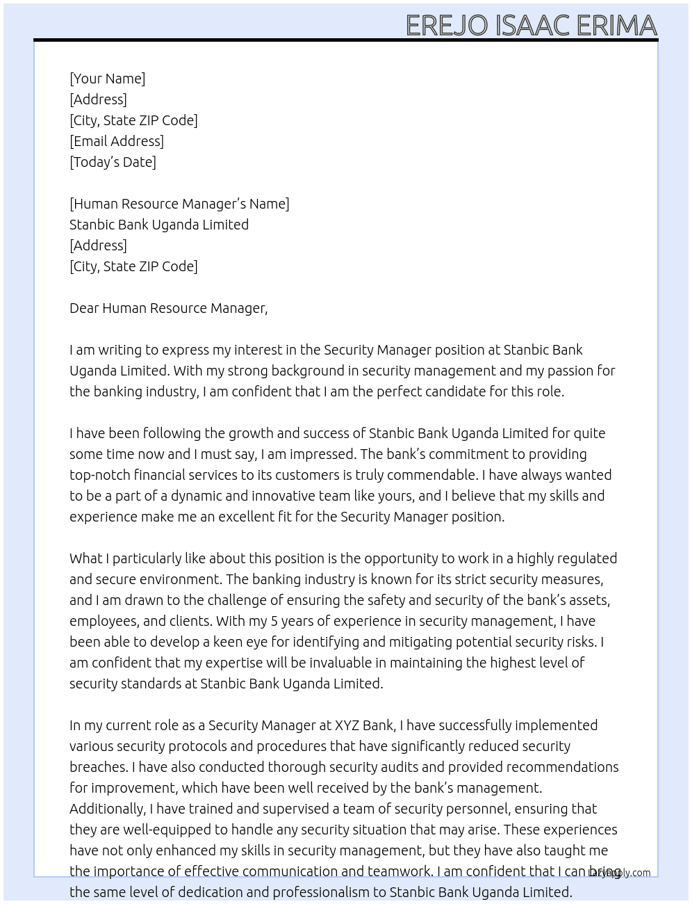Security Manager  At Stanbic Bank Uganda Limited  Cover Letter
