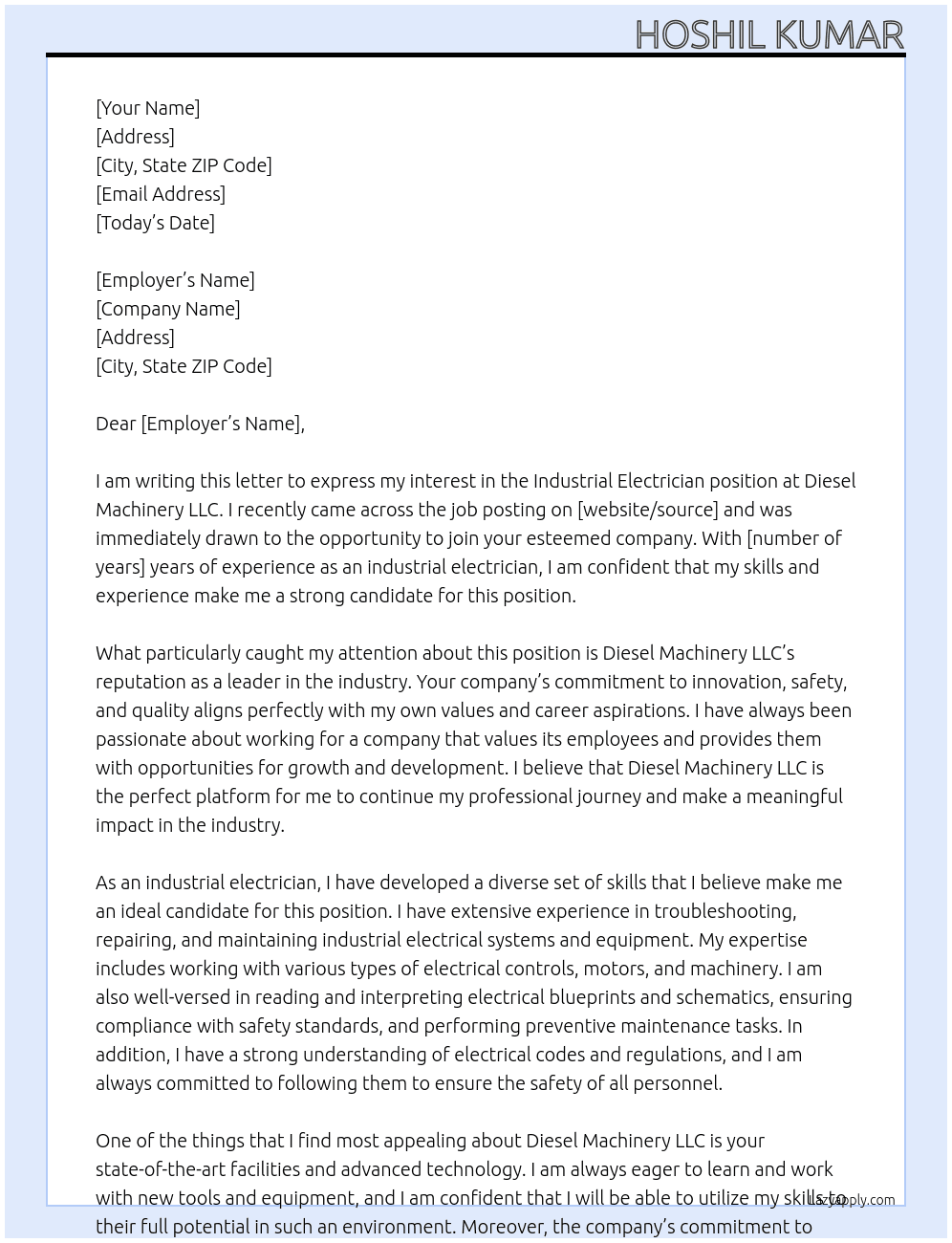 industrial electrician At diesel machinary llc Cover Letter