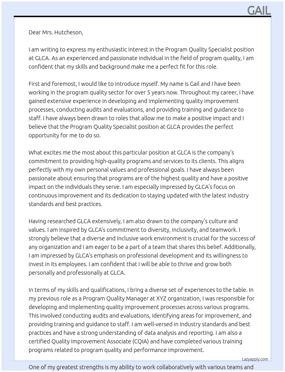 Program Quality Specialist At GLCA Cover Letter