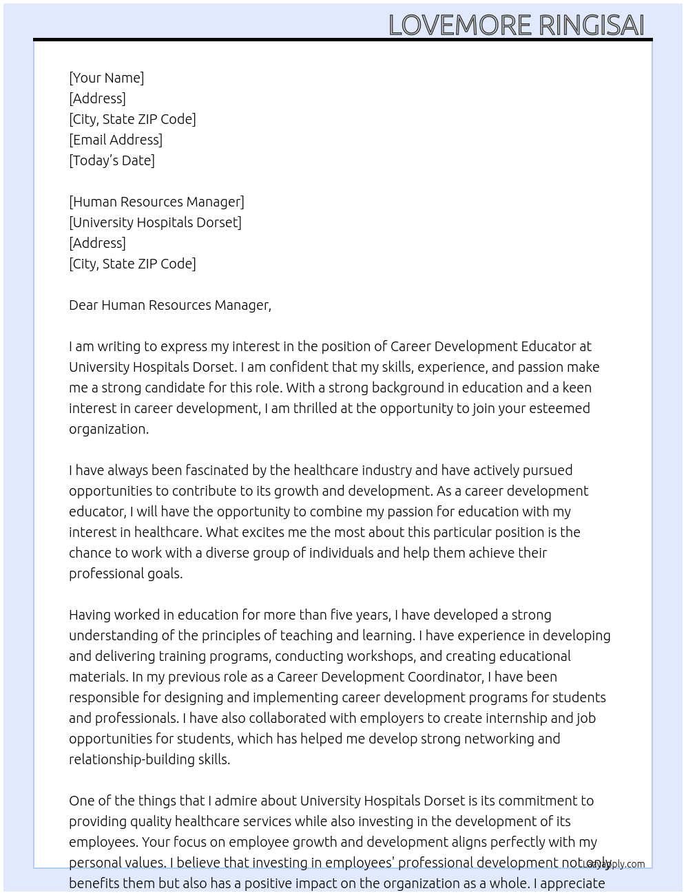 Career Development Educator At University Hospitals Dorset Cover Letter