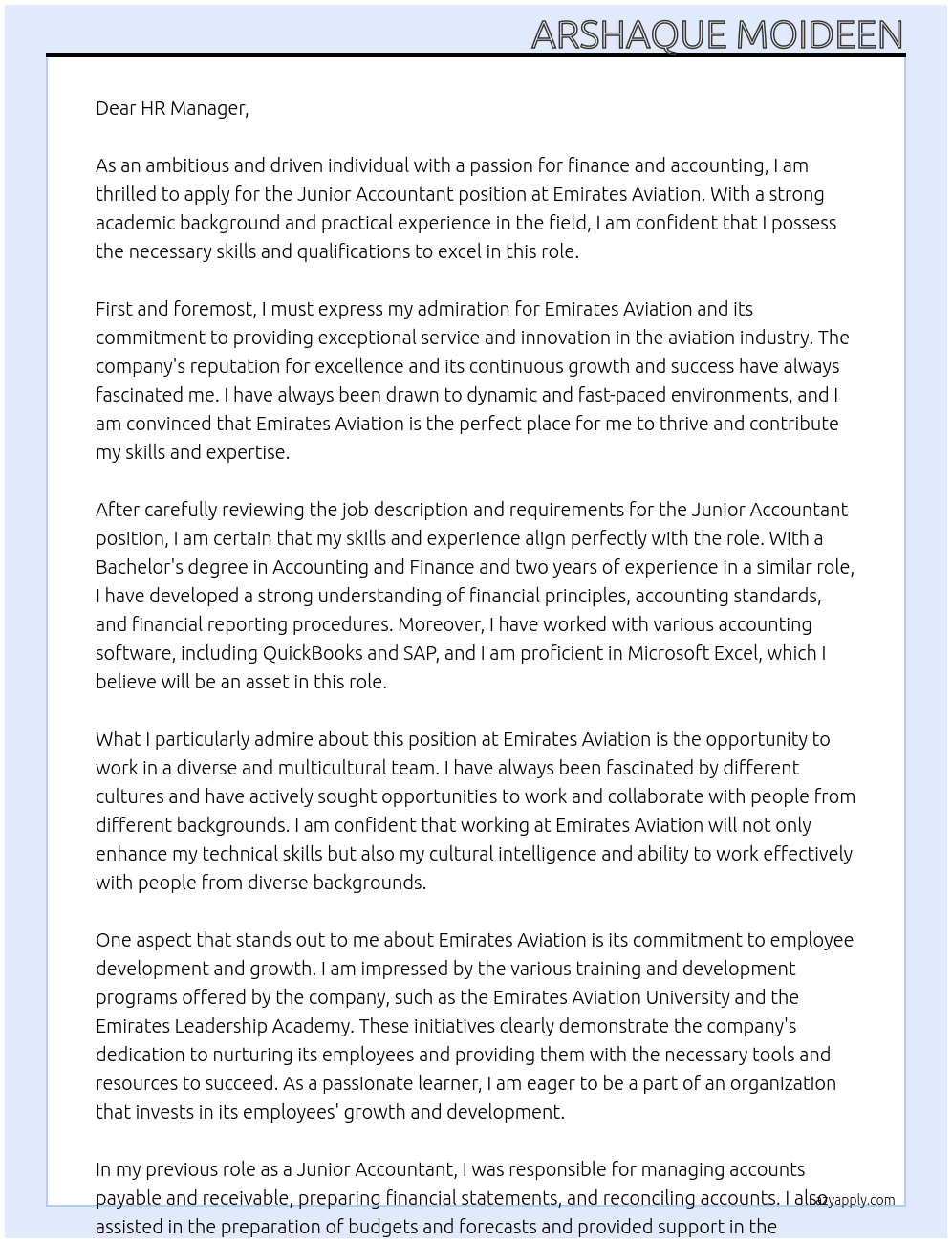 junior accountant At Emirates Aviation Cover Letter